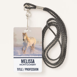 Beautiful White Horse Galloping in the Snow ID Badge