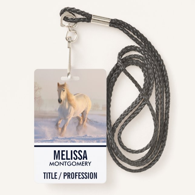Beautiful White Horse Galloping in the Snow ID Badge (Front with Lanyard)