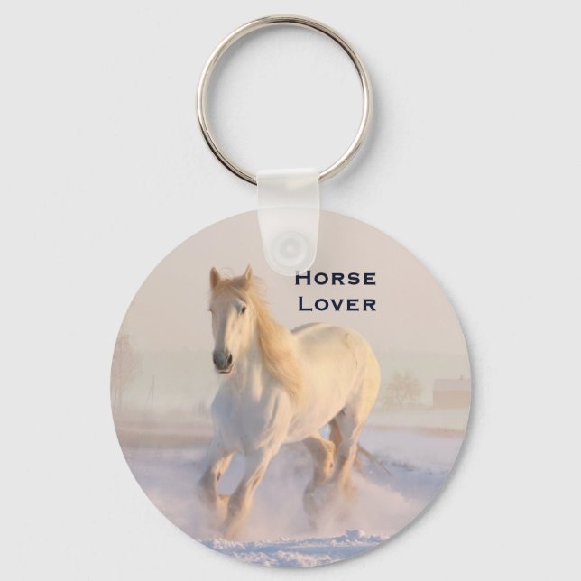 Beautiful White Horse Galloping in the Snow Key Ring (Front)