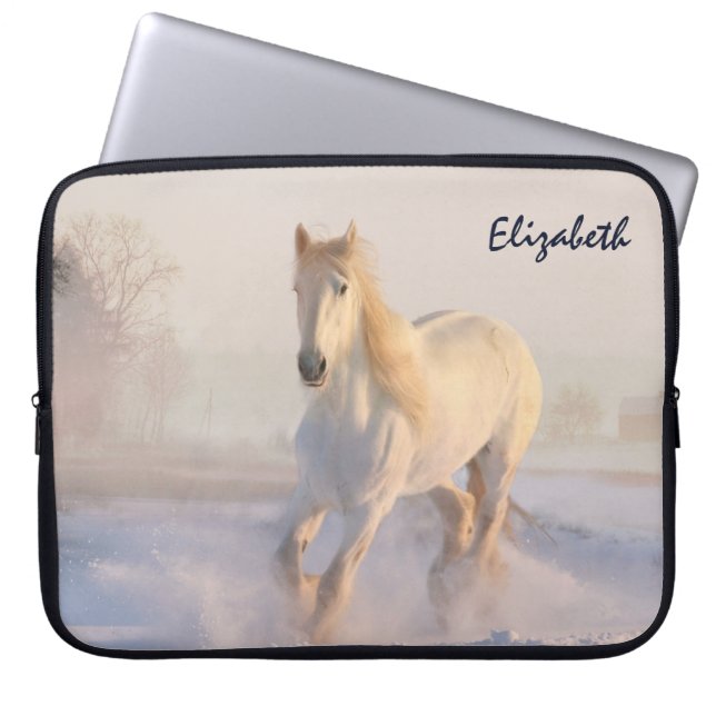 Beautiful White Horse Galloping in the Snow Laptop Sleeve (Front)