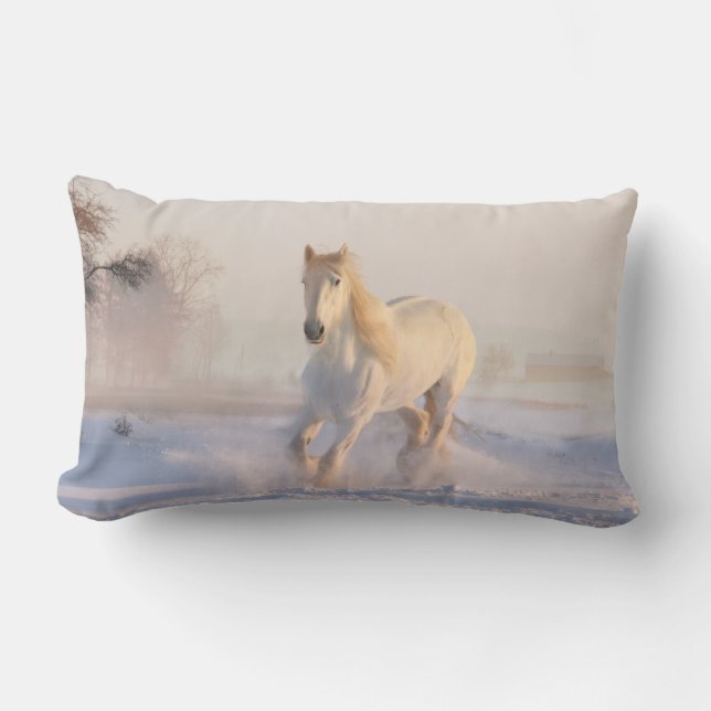 Beautiful White Horse Galloping in the Snow Lumbar Cushion (Front)