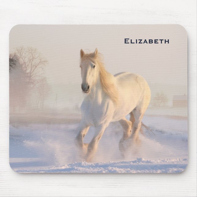 Beautiful White Horse Galloping in the Snow Mouse Mat (Front)