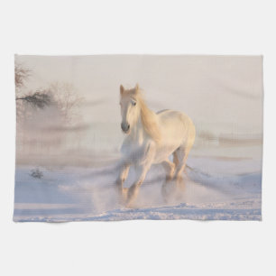 Beautiful White Horse Galloping in the Snow Tea Towel
