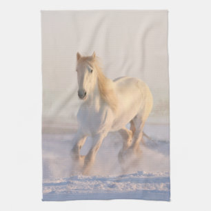 Beautiful White Horse Galloping in the Snow Tea Towel