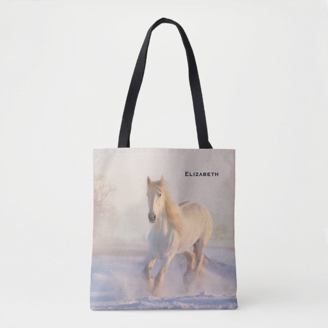 Beautiful White Horse Galloping in the Snow Tote Bag (Front)