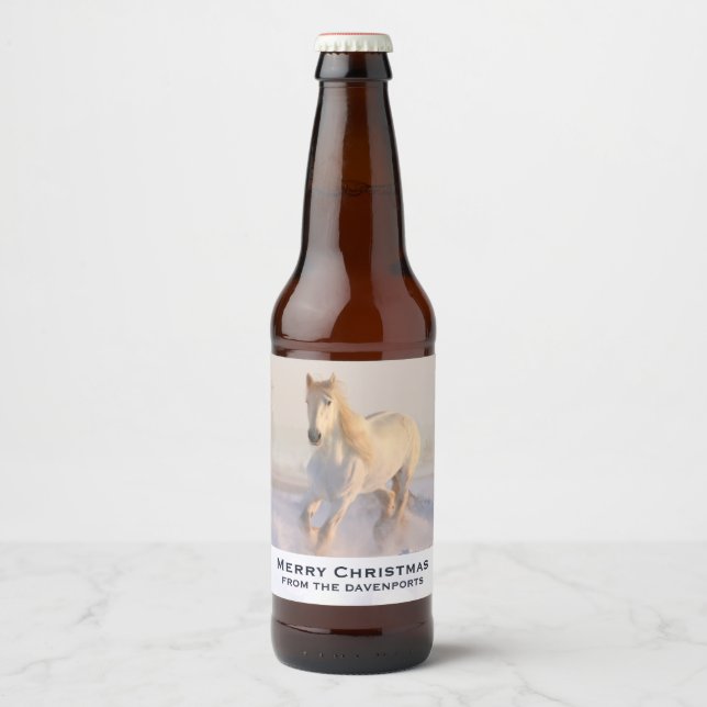 Beautiful White Horse Galloping in the Snow Xmas Beer Bottle Label (Front)