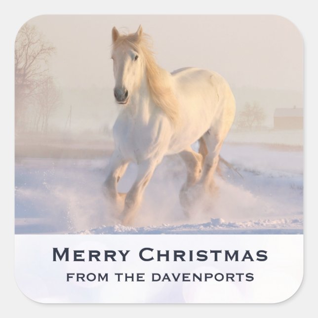 Beautiful White Horse Galloping in the Snow Xmas Square Sticker (Front)