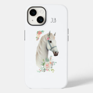Beautiful White Horse Head Boho Floral Monogram iPhone 14 Case