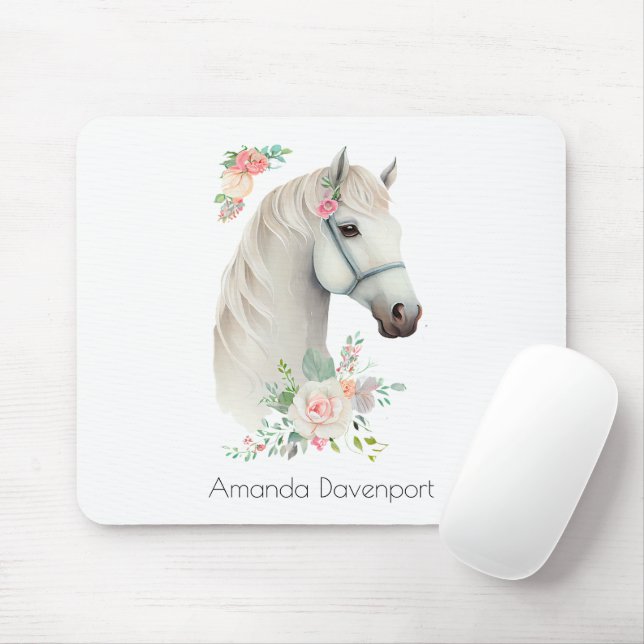 Beautiful White Horse Head Boho Floral Mouse Mat (With Mouse)