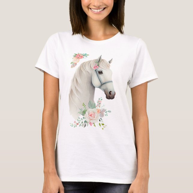 Beautiful White Horse Head Boho Floral T-Shirt (Front)