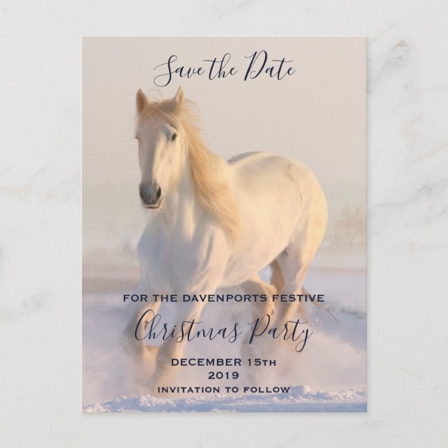 Beautiful White Horse in Snow Save the Date Announcement Postcard (Front)