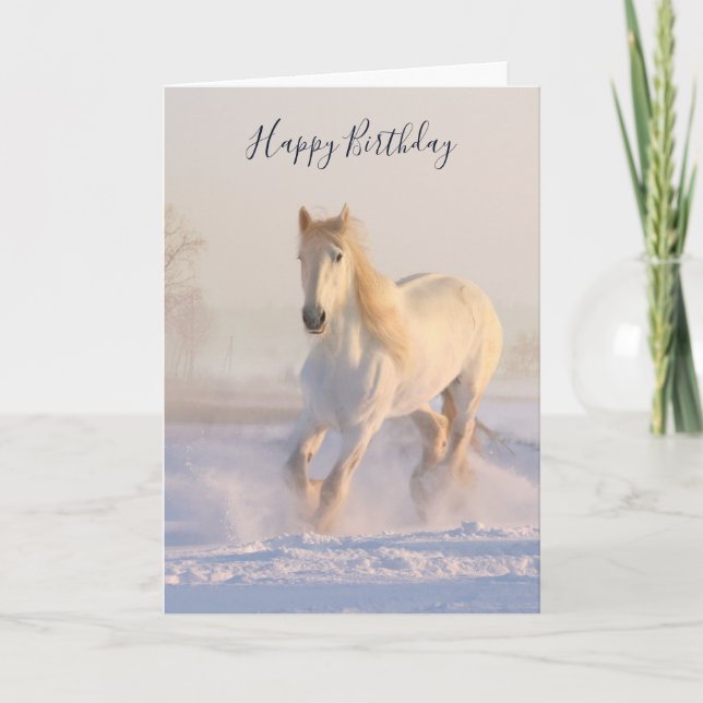 Beautiful White Horse in the Snow Photo Birthday Card (Front)