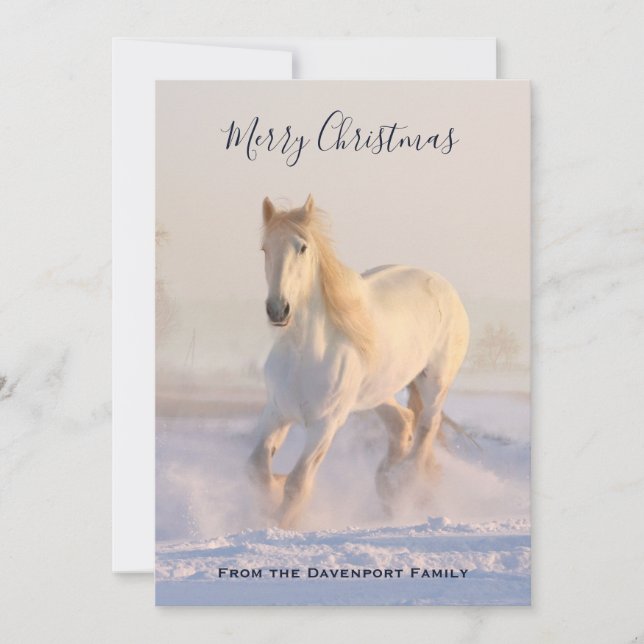 Beautiful White Horse in the Snow Photo Christmas Holiday Card (Front)