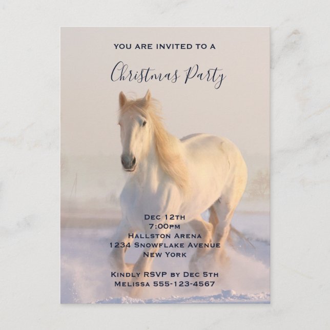 Beautiful White Horse in the Snow Photo Christmas Invitation Postcard (Front)
