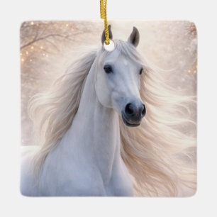 Beautiful White Horse in the Snow with Xmas Lights Ceramic Ornament