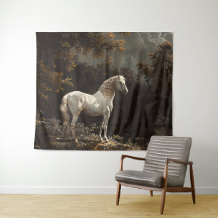 Beautiful White Horse Oil Painting Vintage Tapestry