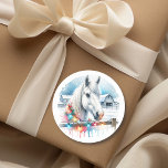 Beautiful White Horse on Farm Christmas Classic Round Sticker<br><div class="desc">Christmas stickers. Pretty watercolor white horse behind a rustic fence with a barn in the background on a snowy winter day.</div>
