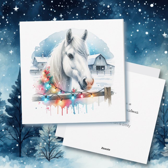 Beautiful White Horse on Farm Christmas Holiday Card (Creator Uploaded)