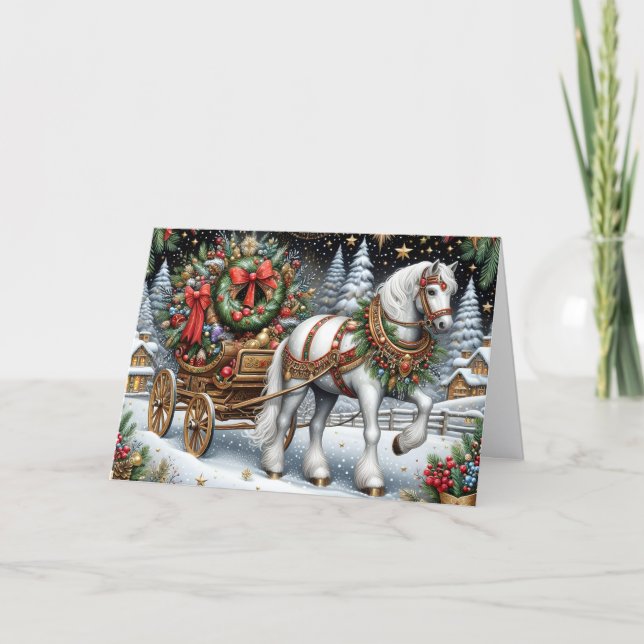 Beautiful White Horse Pulling Sleigh Holiday Card (Front)