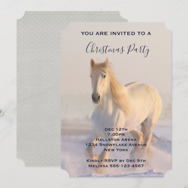 Beautiful White Horse Running in Snow Christmas Invitation (Front/Back)