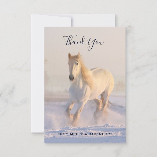 Beautiful White Horse Running in Snow Thank You Card (Front)