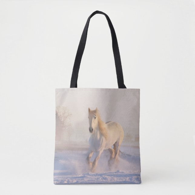 Beautiful White Horse Running in Snow Tote Bag (Front)