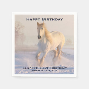 Beautiful White Horse Running in the Snow Birthday Napkin