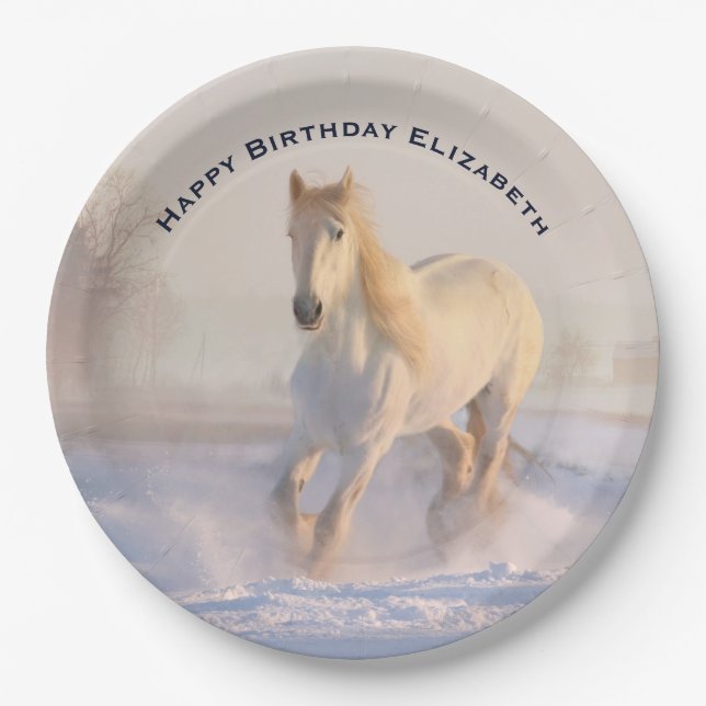 Beautiful White Horse Running in the Snow Birthday Paper Plate (Front)