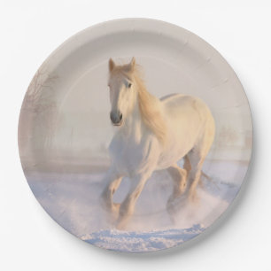 Beautiful White Horse Running in the Snow Paper Plate