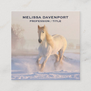 Beautiful White Horse Running in the Snow Square Business Card