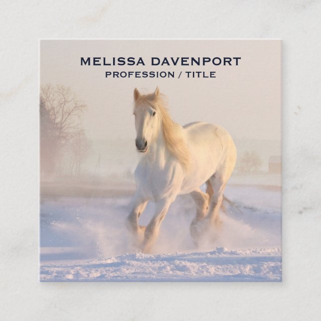 Beautiful White Horse Running in the Snow Square Business Card (Front)