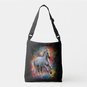 Beautiful White Horse Running on a Neon Background Crossbody Bag