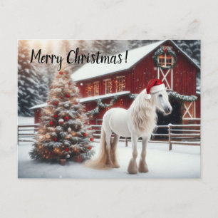 Beautiful white horse wearing a santa sat postcard