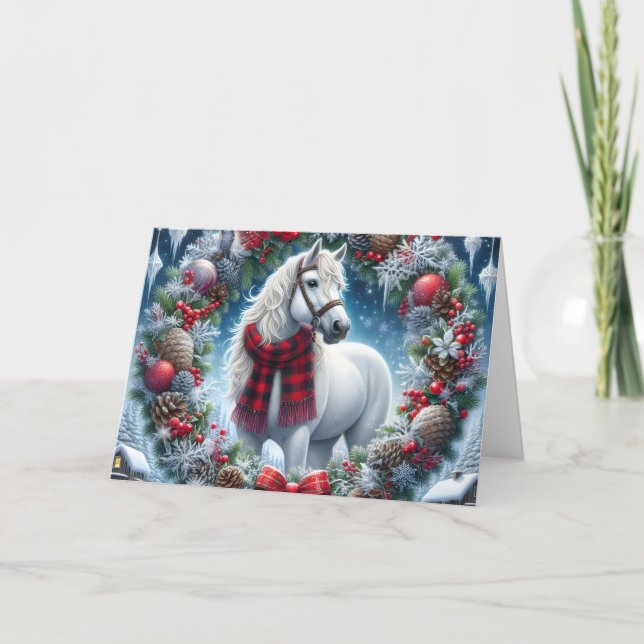 Beautiful White Horse Wearing Plaid Scarf Holiday Card (Front)