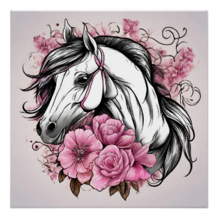 Beautiful White Horse with Pink Flowers Poster