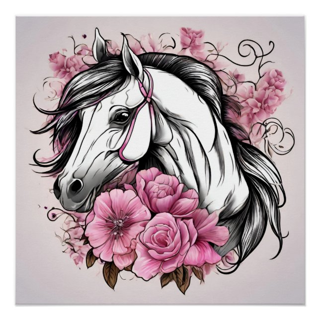 Beautiful White Horse with Pink Flowers  Poster (Front)