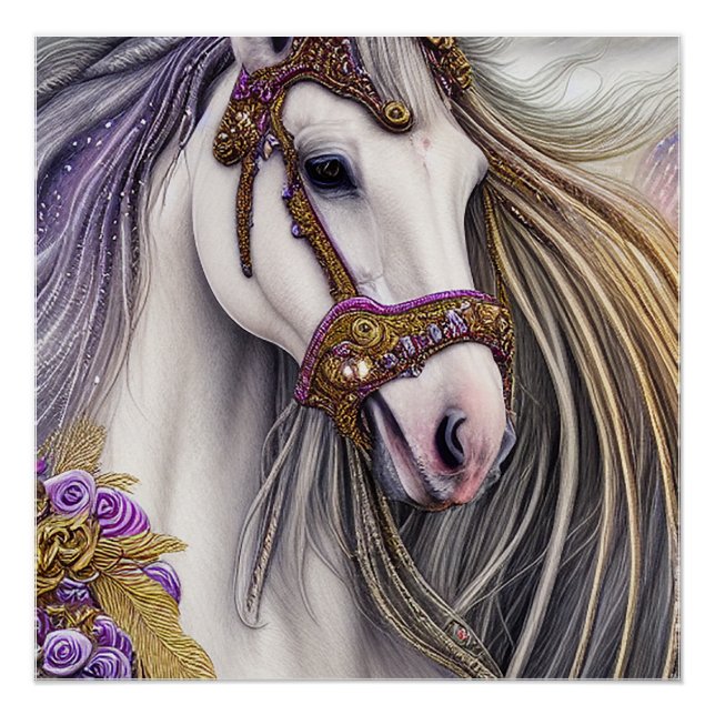 Beautiful White Horse with Purple and Gold Accents Poster (Front)