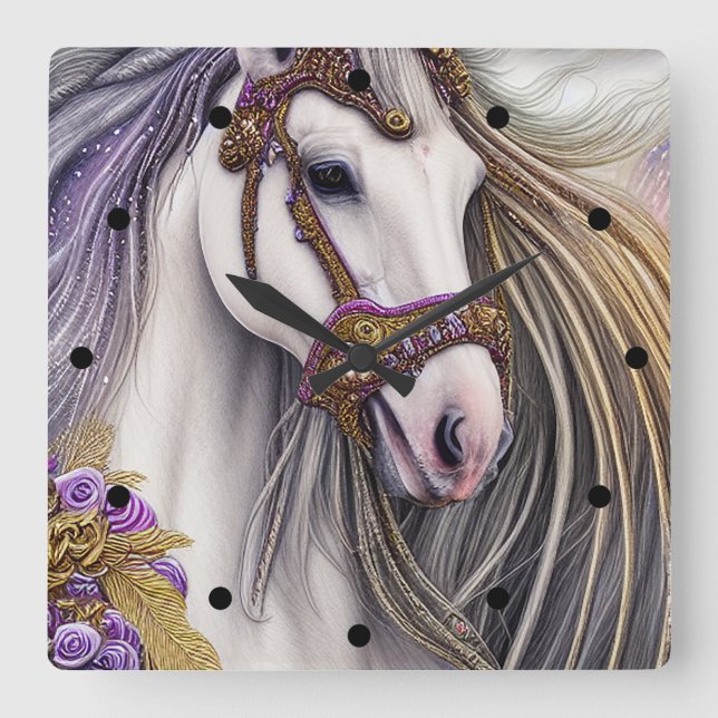 Beautiful White Horse with Purple and Gold Accents Square Wall Clock (Front)