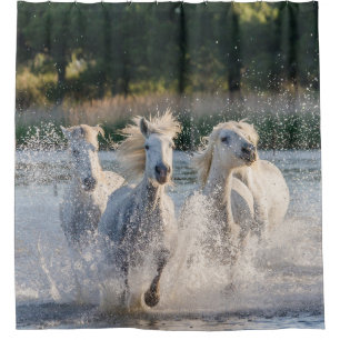 Beautiful White Horses Running in Water Shower Curtain