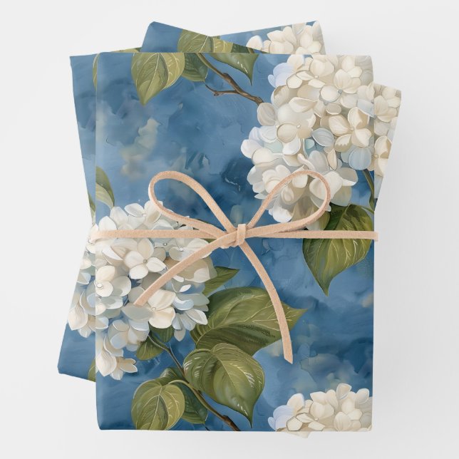 Beautiful white hydrangea on blue wrapping paper sheet (In situ)