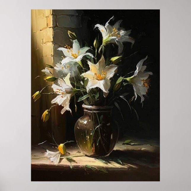 Beautiful White Lilies in Vase Fine Art Poster (Front)