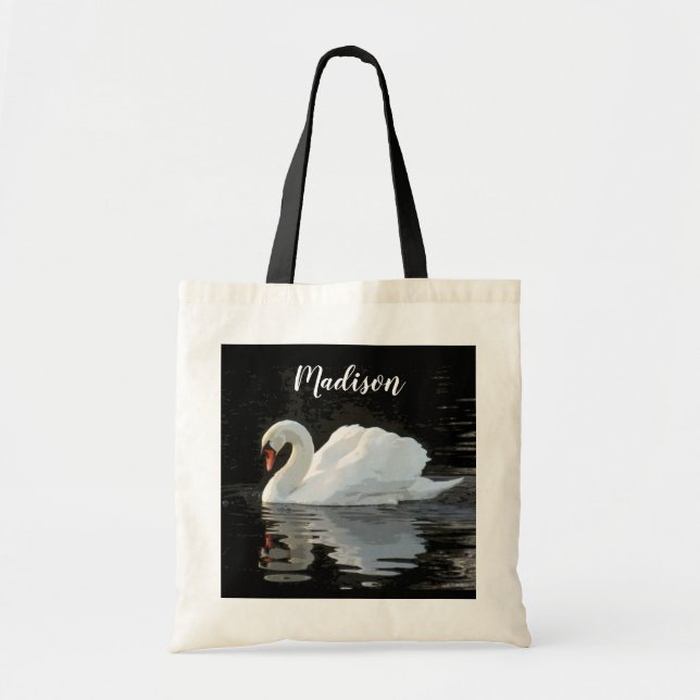 Beautiful white mute swan, reflections, your name  tote bag (Front)