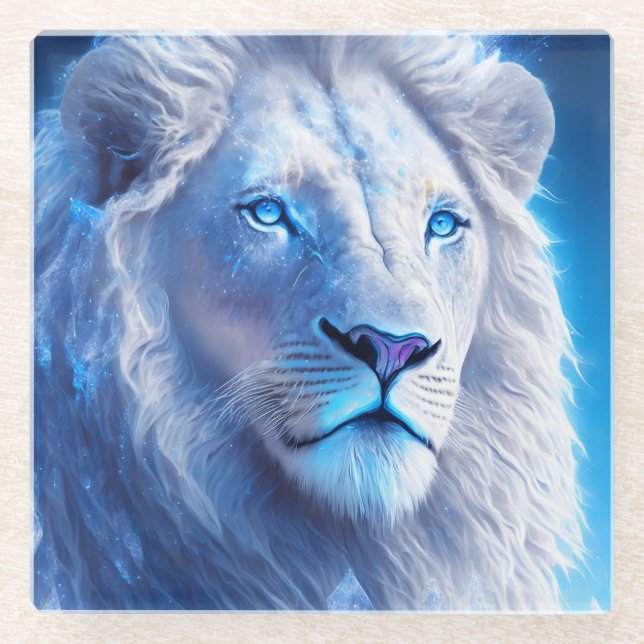 Beautiful White Mystical Lion with Blue Eyes   Glass Coaster (Front)
