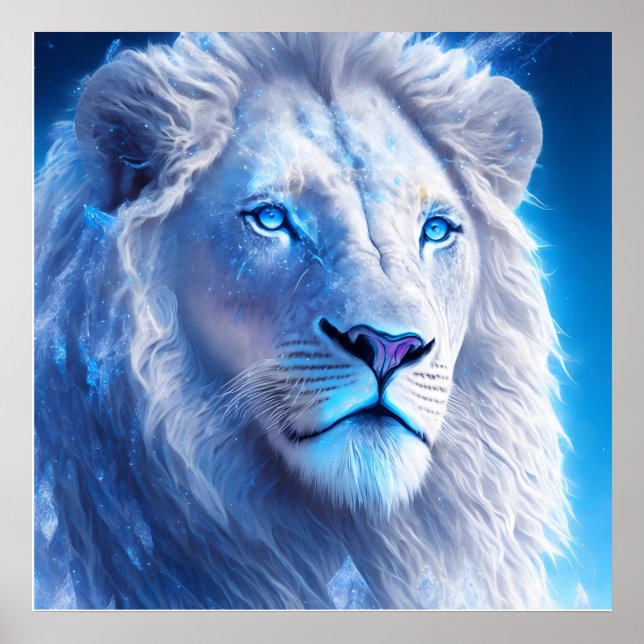 Beautiful White Mystical Lion with Blue Eyes   Poster (Front)