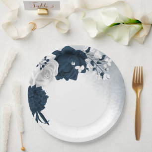 Beautiful white & navy flowers paper plate