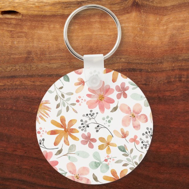 Beautiful White Orange Pink Blossom Flower Pattern Key Ring (Back)