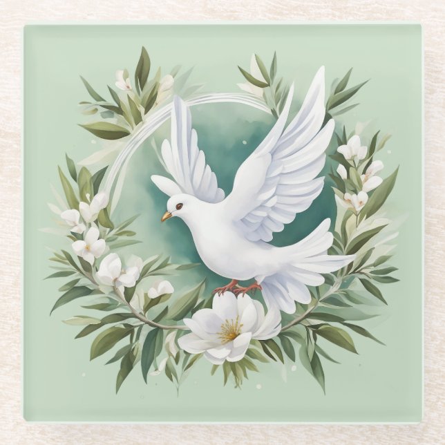 Beautiful White Peace Dove Glass Coaster (Front)
