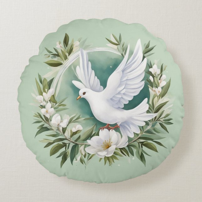 Beautiful White Peace Dove Round Cushion (Front)