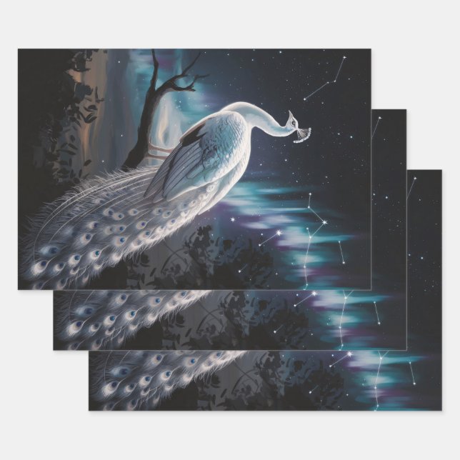 Beautiful White Peacock Aurora Borealis Decoupage Wrapping Paper Sheet (Set)