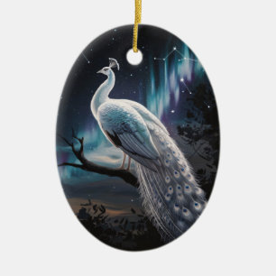 Beautiful White Peacock Aurora Borealis Scenic Ceramic Tree Decoration